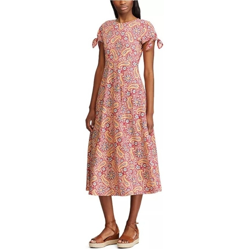 Chaps Paisley Midi Dress Tie Sleeve Casual Summer Dress Small